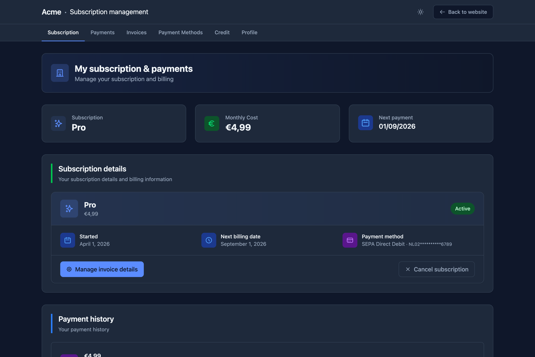 LarsaSub subscription dashboard showing an active Pro plan with payment history